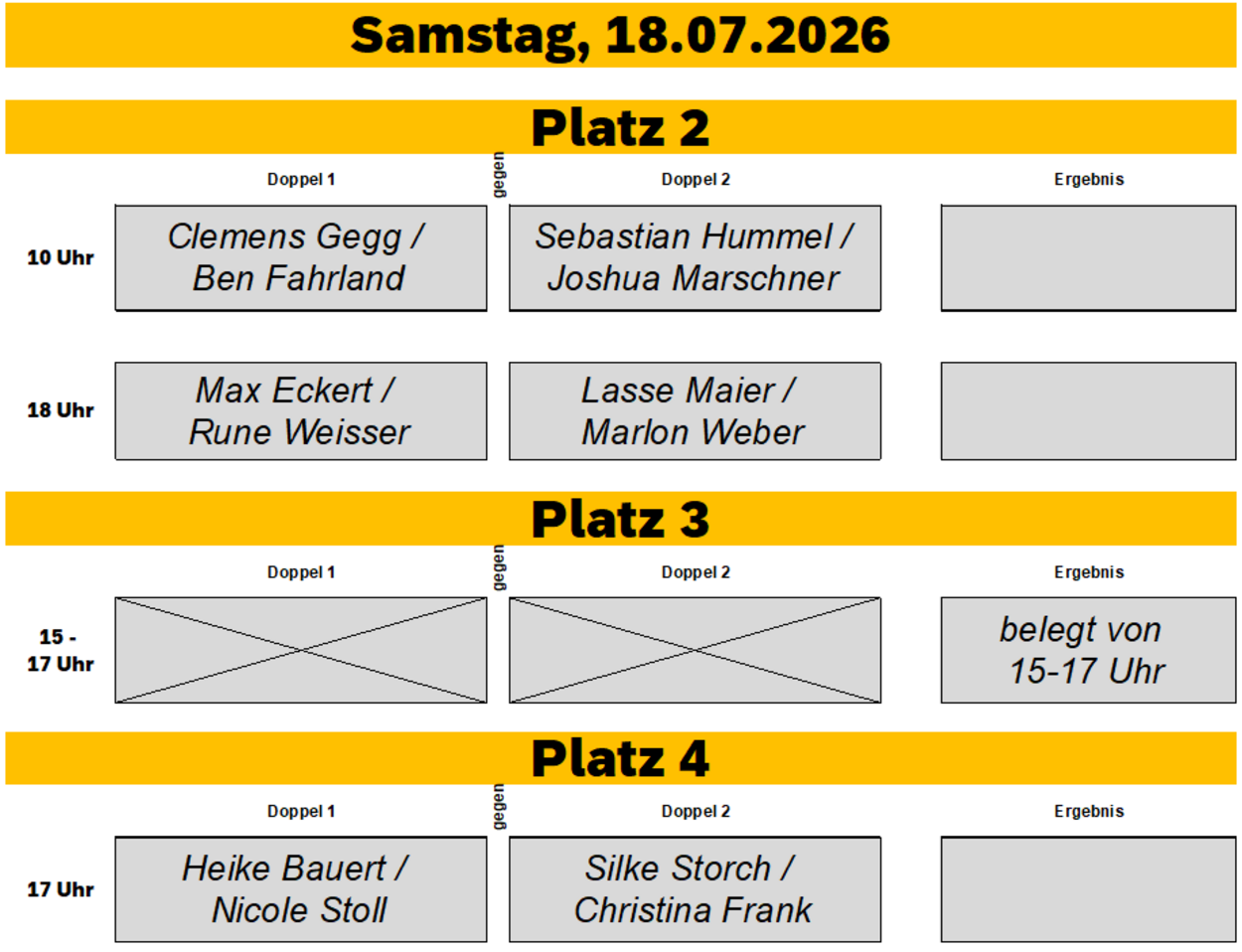 Spielbegegnungen für den 18. Juli