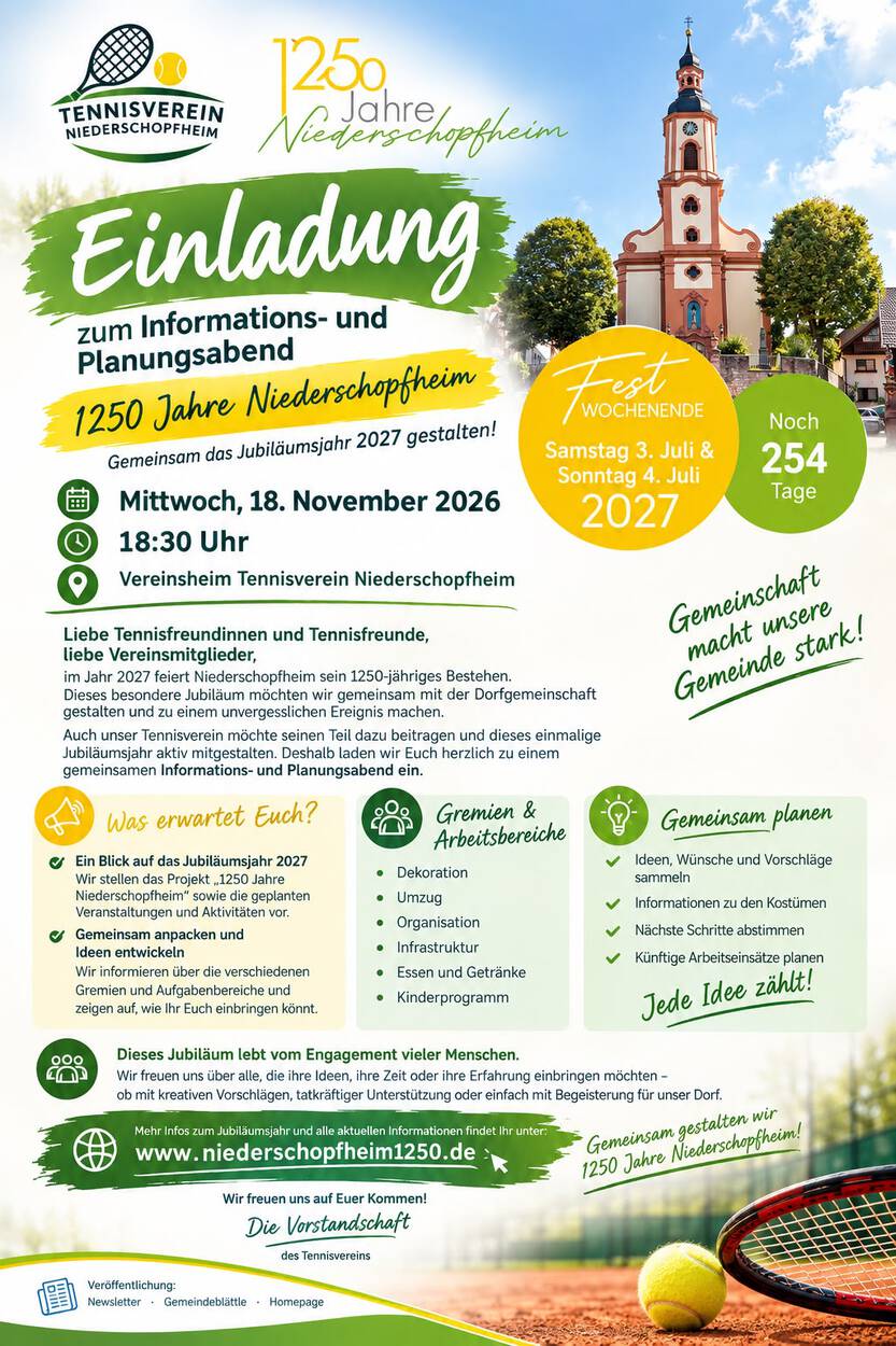 1250 Jahre Niederschopfheim - Infoabend 18.11. ab 18:30 h im Clubheim